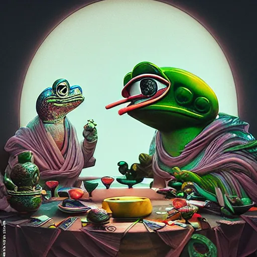 Prompt: plasticine wet shiny angles, crystal, moonlit, mirrors, camera angled dramatically, realistic hyperdetailed design of pepe the frog eating last supper, ferocious, chinese mythology, victo nga, fumo yoshitoshi, ren jing jeong, feifei ruan, peter mohrbacher, takato yamamoto