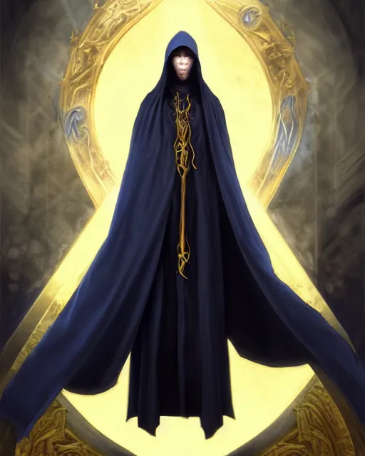 Prompt: cursed male mage at the end of time, long black hair blue eyes wearing cloth mantle gothic navy cloak with gold details, wizard town, fantasy character portrait, ultra realistic, intricate, elegant, cinematic lighting, highly detailed, digital painting, artstation, smooth, sharp, focus, illustration, art by artgerm and greg rutkowski and alphonse mucha