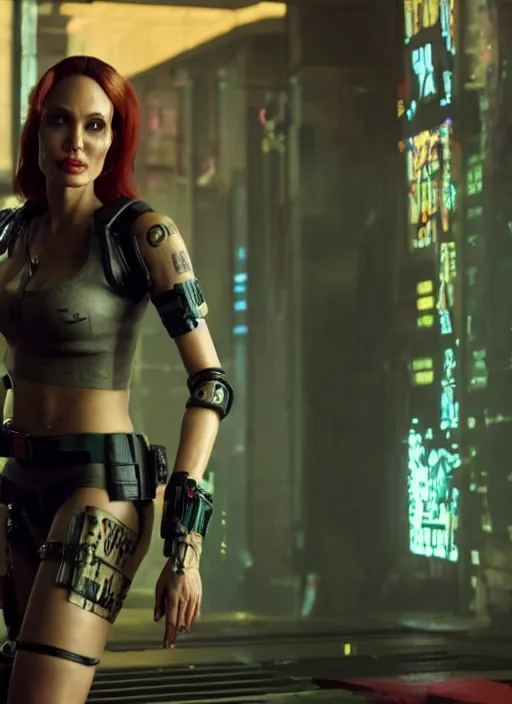 Image similar to film still of Angelina Jolie as Alt Cunningham in Cyberpunk 2077, gameplay, 8k, HD