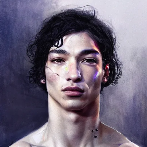 Image similar to ezra miller of blackpink, hyperrealistic portrait, bladerunner street, by karol bak and agnes cecile and artgerm, fantasy art, photo realistic, dynamic lighting, artstation, poster, volumetric lighting, very detailed face, 8 k, award winning