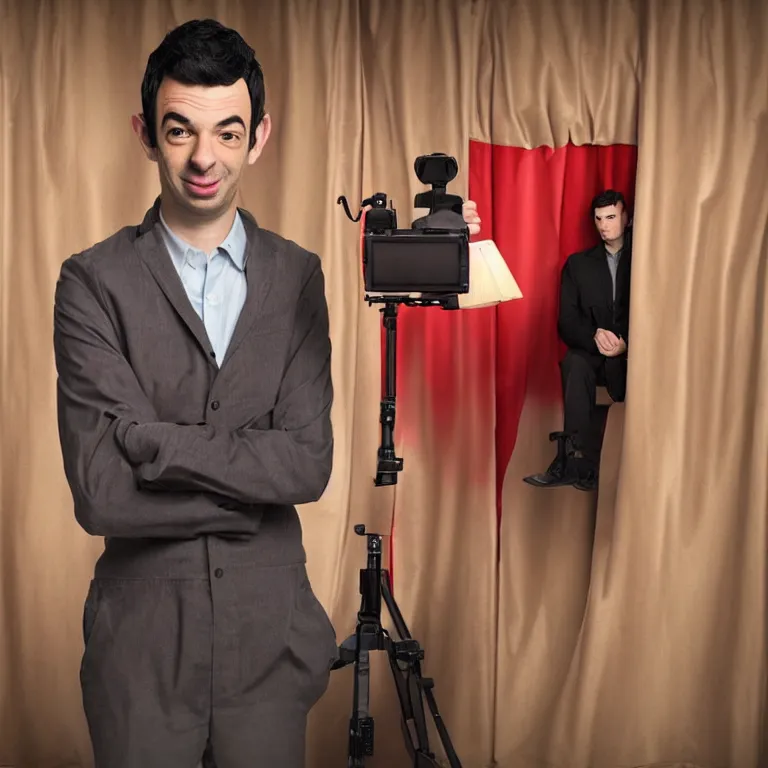 Image similar to dslr photograph of one nathan fielder from nathan for you on comedy central behind a puppet stage with a red curtain controlling a single marionette by the strings, high detail!!! 8 k photorealism sharp focus volumetric lighting, coherent!!! art directed