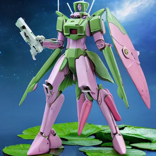 Prompt: futuristic nymphaea themed mecha waterlily upper body, sepals forming helmet, highly detailed, nymphaea, 8 k hd resolution, zeta gundam with floral inlay, bandai box art, star wars, makoto kobayashi, frank gehry, raymond swanland