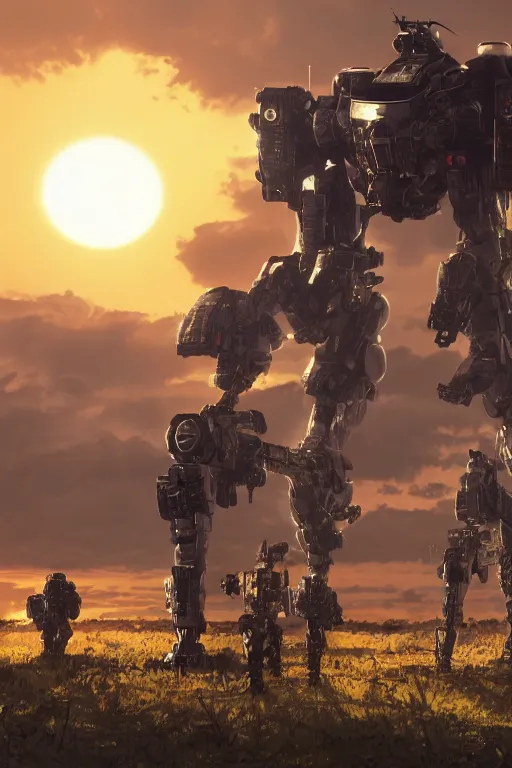 Prompt: A real photo of Samurai Mechwarrior Robot and the sunset in the distance, by Josan Gonzalez, Yoji Shinkawa and Geof Darrow, highly detailed, Unreal Engine Render, 3D, 8k wallpaper