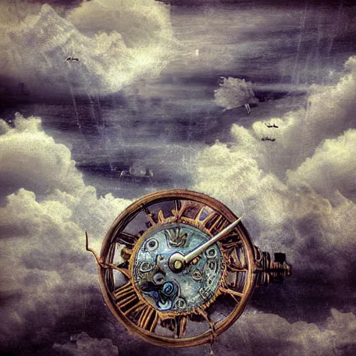 Prompt: clouds, steampunk, romanticism artwork