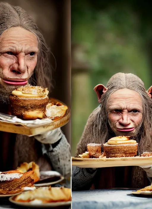 Image similar to closeup portrait of a medieval goblin eating cakes in the cloisters, depth of field, zeiss lens, detailed, symmetrical, centered, fashion photoshoot, by Annie Leibovitz and Steve McCurry, David Lazar, Jimmy Nelsson, Breathtaking, 8k resolution, extremely detailed, beautiful, establishing shot, artistic, hyperrealistic, beautiful face, octane render