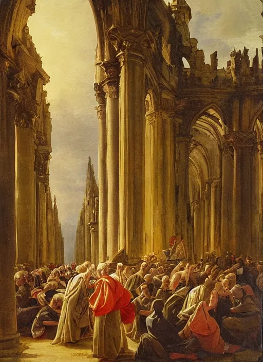 Prompt: elisabeth louise vigee - le brun painting of large crowd of medieval monks gathered at giant gothic ruins cathedral and raising a magical glowing spirit, old master painting with stunning lighting and details photoreal dusk sun lit light,