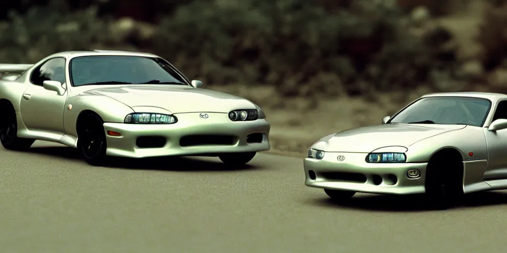 Image similar to The Fast and the Furious, 2001, Toyota Supra, 1994, 1995, 1996, 1997, 1998, Hot Wheels, cinematic, 8k, depth of field, bokeh. brian spilner, paul walker