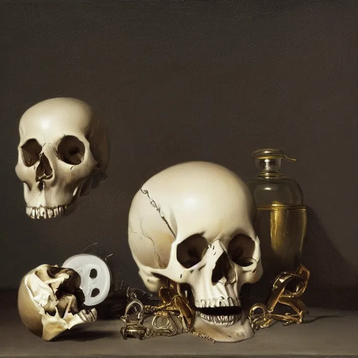 Image similar to still life painting of a skull with neon glowing crystal eyes, by pieter claesz, oil on canvas, strong lighting, highly detailed, hyper realism, golden hour, god rays, hd, 4 k