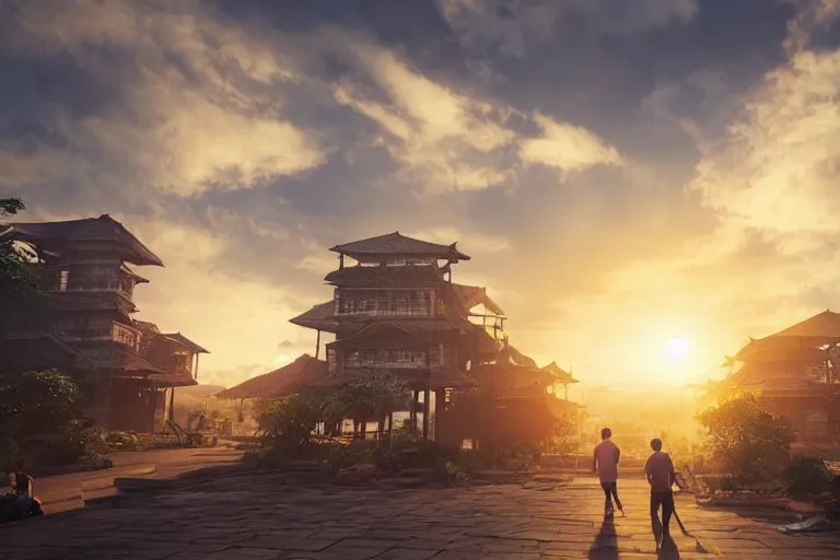 Prompt: the most amazing dream you ever had about indonesian city with 2 suns in the clody sky, hyper realistic, ambient lighting, concept art, intricate, hyper detailed, smooth, dynamic volumetric lighting, octane, cinematic