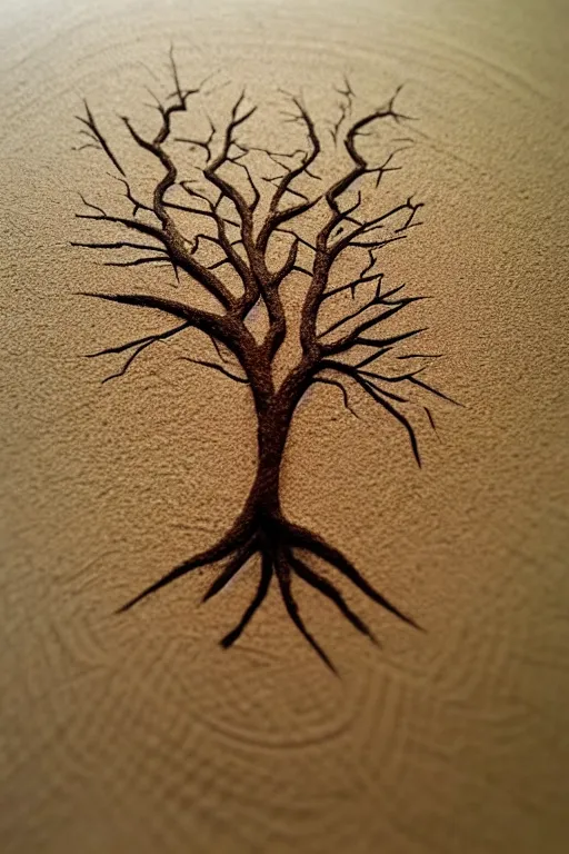 Prompt: a tree, drawn in sand with a stick, intricate, elegant, highly detailed, smooth, sharp focus, artstation