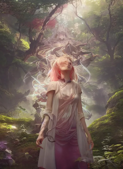 Prompt: breathtaking portrait of fantasy sorceress bright temple surrounded by lush forest meadow, by Hsiao-Ron Cheng and James jean and Miho Hirano and Hayao Miyazaki, octane render, RPG portrait, ambient light, dynamic lighting