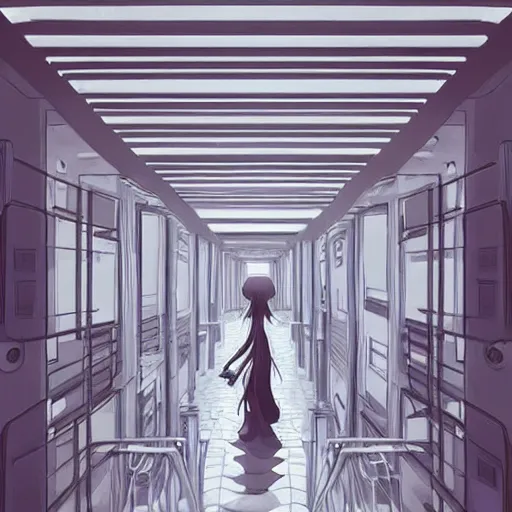 Image similar to a beautiful slimegirl woman in a bright white hallway with many doors and many stairs, Mc Escher architecture, epic composition, by Makoto Shinkai