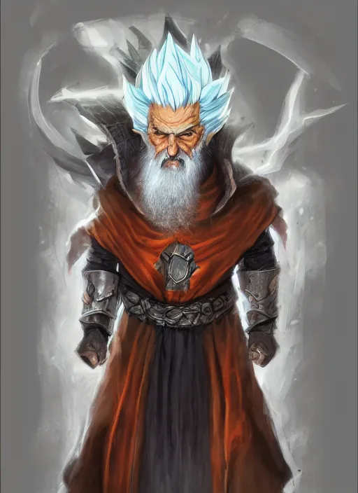 Prompt: old man looks like wizard + sorcerer + warlock, diablo digital concept art, going super saiyan, artwork by Tyler Edlin + Simon Bisley, artstation, very detailed facial structure, long beard, 8k