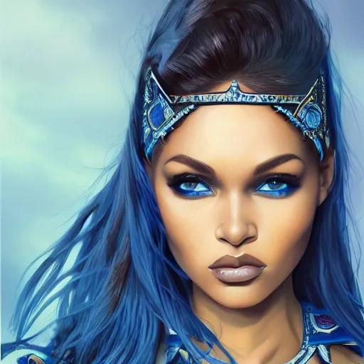 Image similar to closeup of a beautiful brown - skin woman with blue - within - blue eyes of, intricate, highly detailed, smooth, sharp focus, full body, detailed face, high contrast, art by oliver wetter,