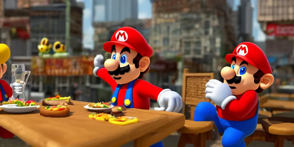 Prompt: Super Mario sitting next to a table eating some delicious hamburgers, digital art, wide shot, highly detailed, hyperrealistic, photorealistic, unreal engine 5, very detailed, emotional, made by a professional 3d artist, dynamic lighting, trending on artstation, 4k uhd, epic composition, masterpiece