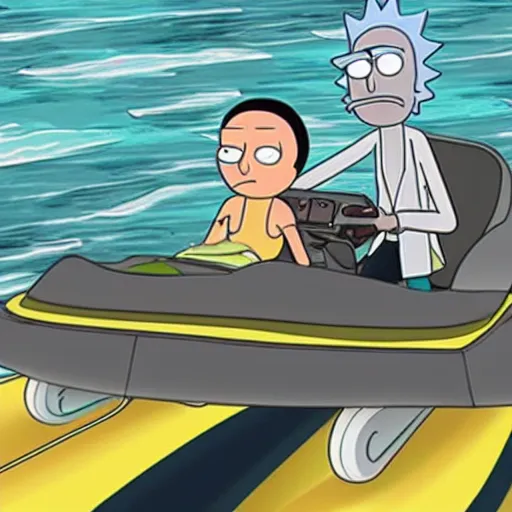 Prompt: rick and morty driving jetskis