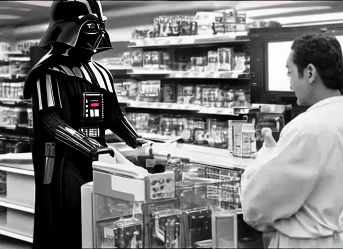 Image similar to film still of Darth Vader working as a clerk in a convenience store in the new Star Wars movie, 4k, black and white