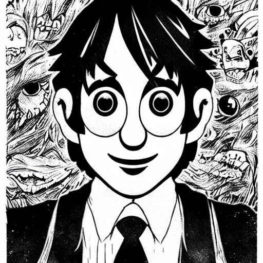 Image similar to Super Mario portrait in the style of Junji Ito. Manga. Black & White. Gothic. Horror. Exquisitely detailed. 4K.