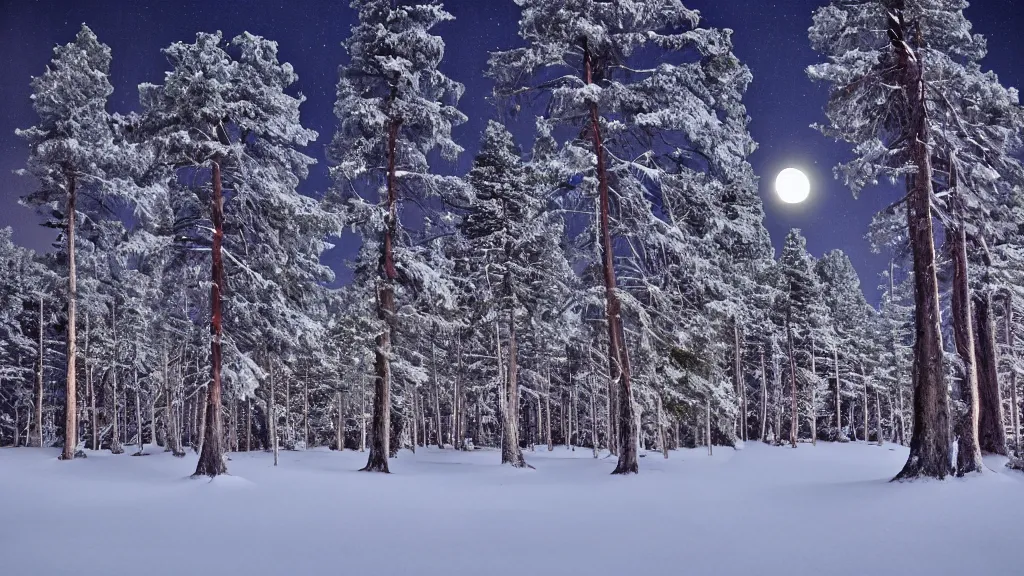 Image similar to Pine tress full of snow, lit by a full moon