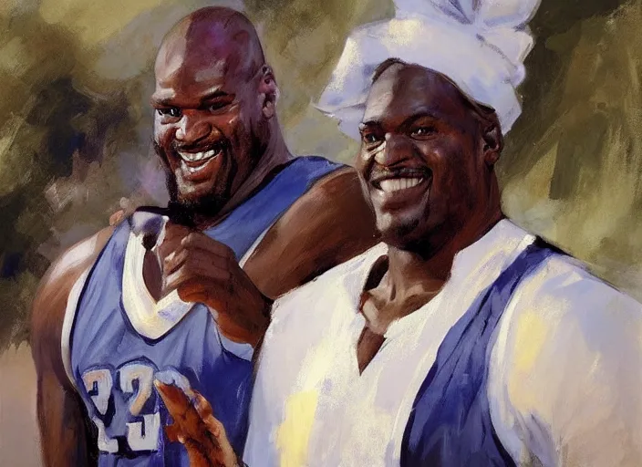 Image similar to a highly detailed beautiful portrait of shaq wearing a maid costume, by gregory manchess, james gurney, james jean