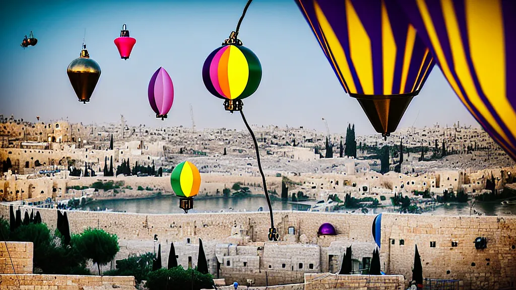 Image similar to large colorful futuristic space age metallic steampunk balloons with pipework and electrical wiring around the outside, and people on rope swings underneath, flying high over the beautiful jerusalem city landscape, professional photography, 8 0 mm telephoto lens, realistic, detailed, photorealistic, photojournalism