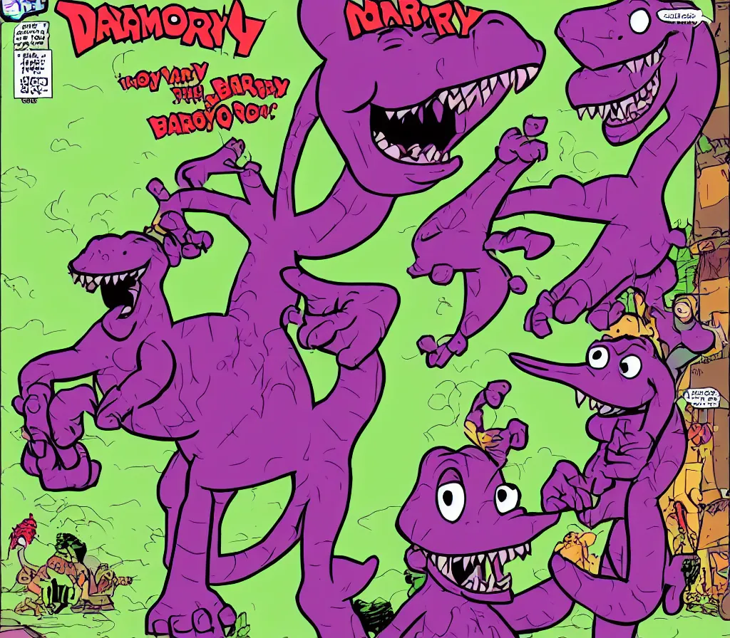 Image similar to barney the dinosaur action hero comic