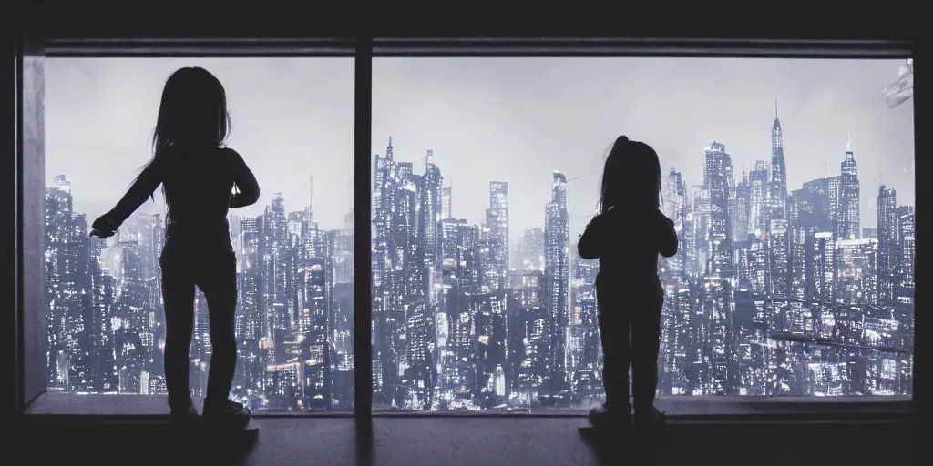 Image similar to overlooking on night city cyberpunk from floor to ceiling window, one little girl, beautiful hair at the back, looking out the window, liminal, cinematic, dreamscape