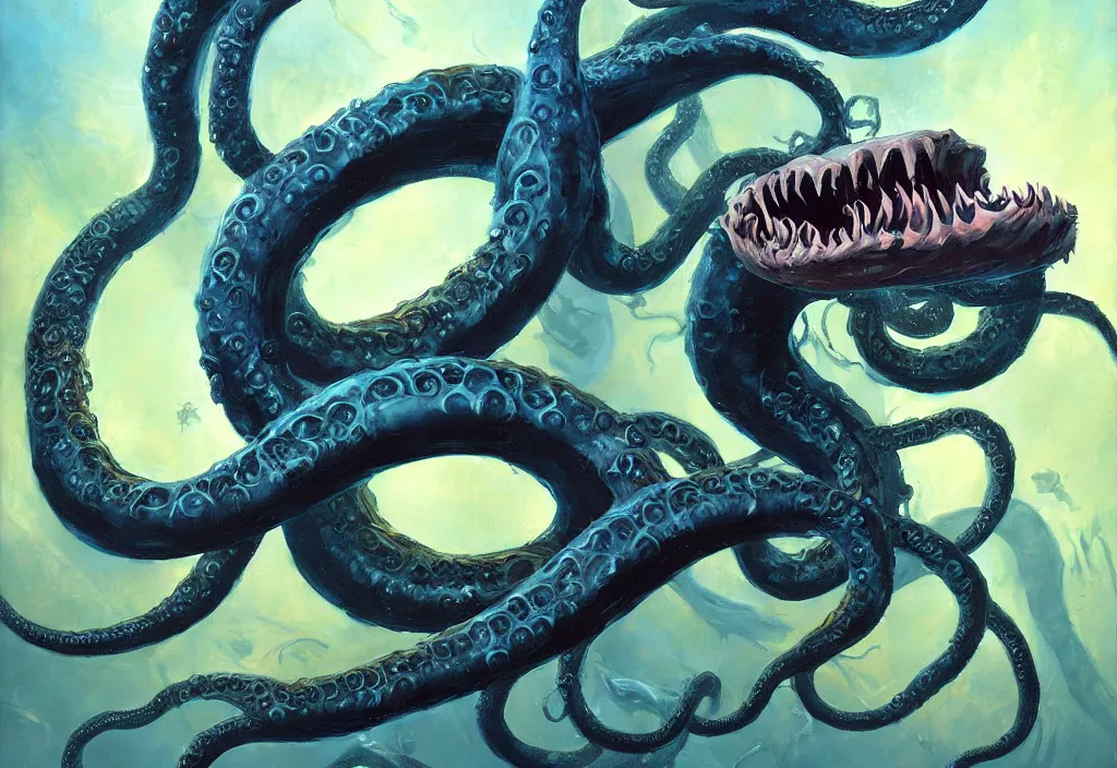 Image similar to Underwater Tentacle Pandomonium;Art by Greg Manchess, Art Direction by Jeremy Jarvis; painting spiraling inward; Deep sea horror; gallery painting; teeth and eyes; illustration