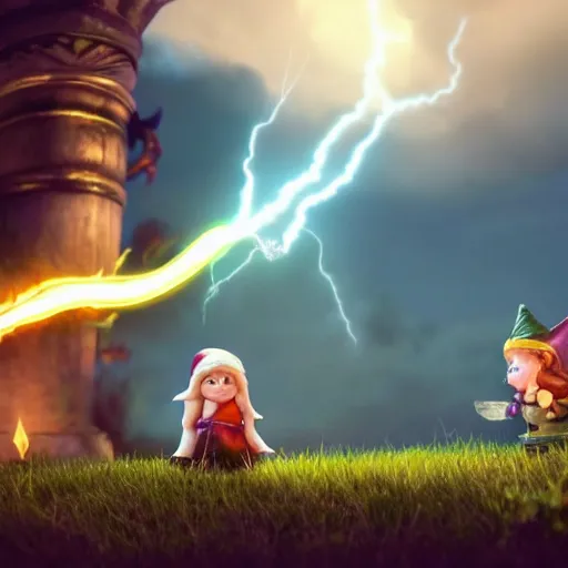 Prompt: A beautiful female gnome wizard casting a lightning spell at a monstrous black dragon::cinematic::dramatic::kinetic::photo realistic::wide angle::high detail