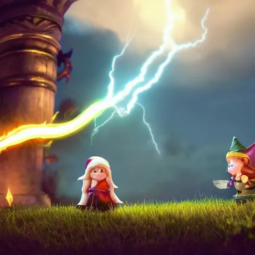 Image similar to A beautiful female gnome wizard casting a lightning spell at a monstrous black dragon::cinematic::dramatic::kinetic::photo realistic::wide angle::high detail