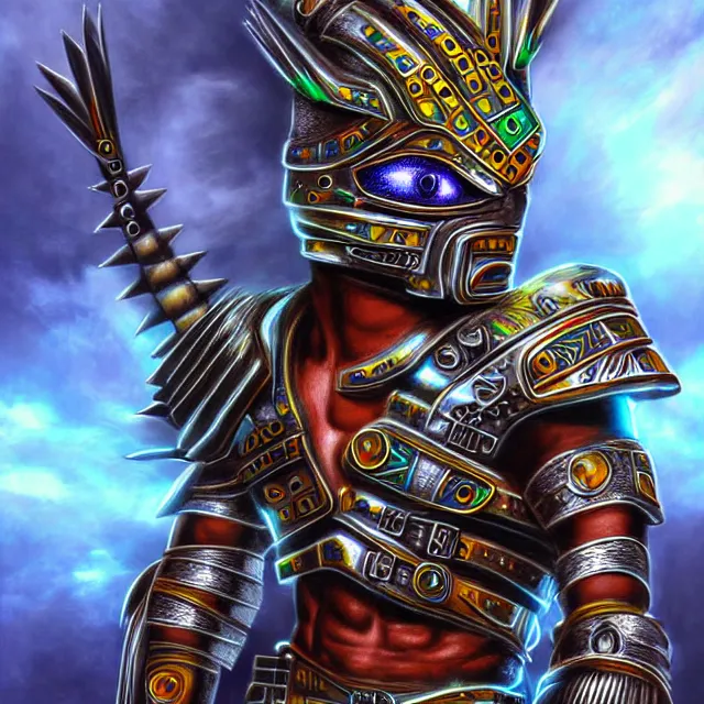 Prompt: futuristic cyber aztec warrior, highly detailed, 4 k, hdr, smooth, sharp focus, high resolution, award - winning photo, illustrated by anne stokes, photorealistic