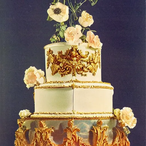 Image similar to photograph of a fancy baroque cake from 1970's cookbook in color