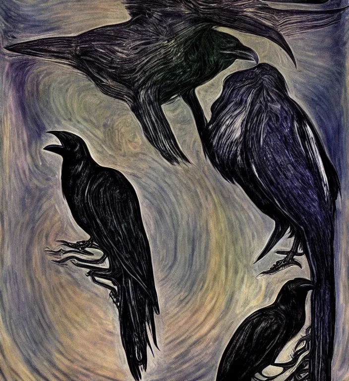 Image similar to raven bird, epic digital art, realistic, extreme detail, by edvard munch of artistic form coming into being as two elements are successfully fused.