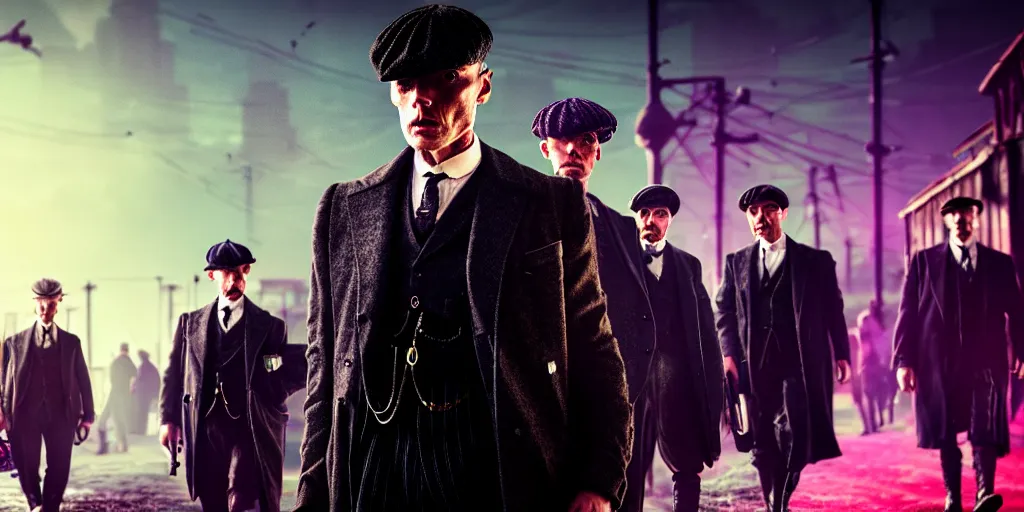 Prompt: Peaky Blinders, in Cyber Punk 2077, reimagined as a cyberpunk dystopia, 4k highly detailed digital art