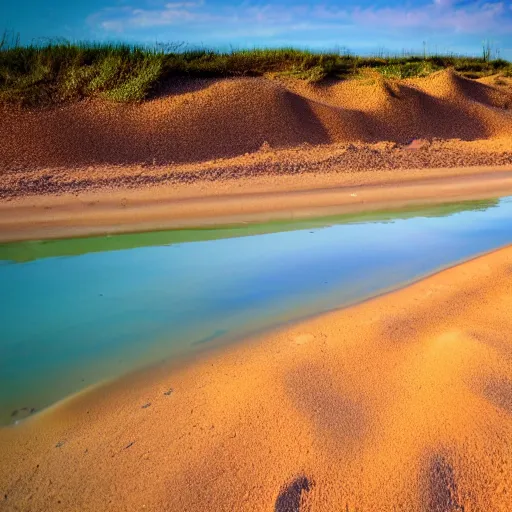 Prompt: Colored photo of a sandy beach along a bright river, deserted city in background, beautiful lighting, wide lens shot, 30mm, bright colors