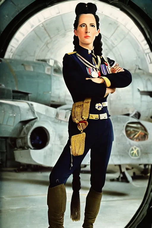 Image similar to 5 0 mm f 8 full body wide shot portrait colorized photography of a wwii bomber pilot who's a mix of cleopatra and mata hari with grey eyes and rainbow ponytail hair, expression concentrated, setting is in a starship hangar bay, by omar z. robles