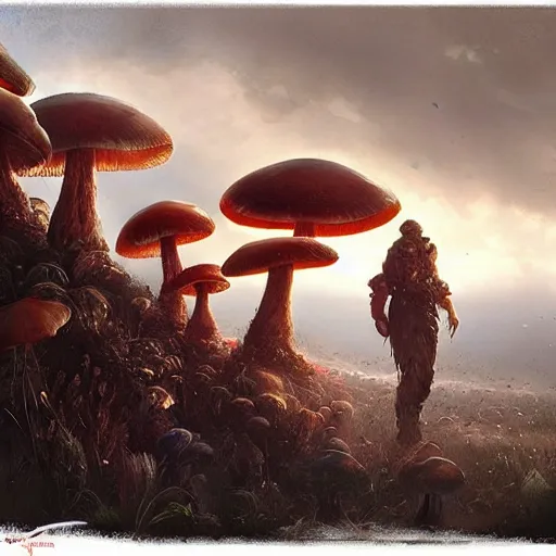 Prompt: mushrooms psychedelic psilocybin geog darrow greg rutkowski