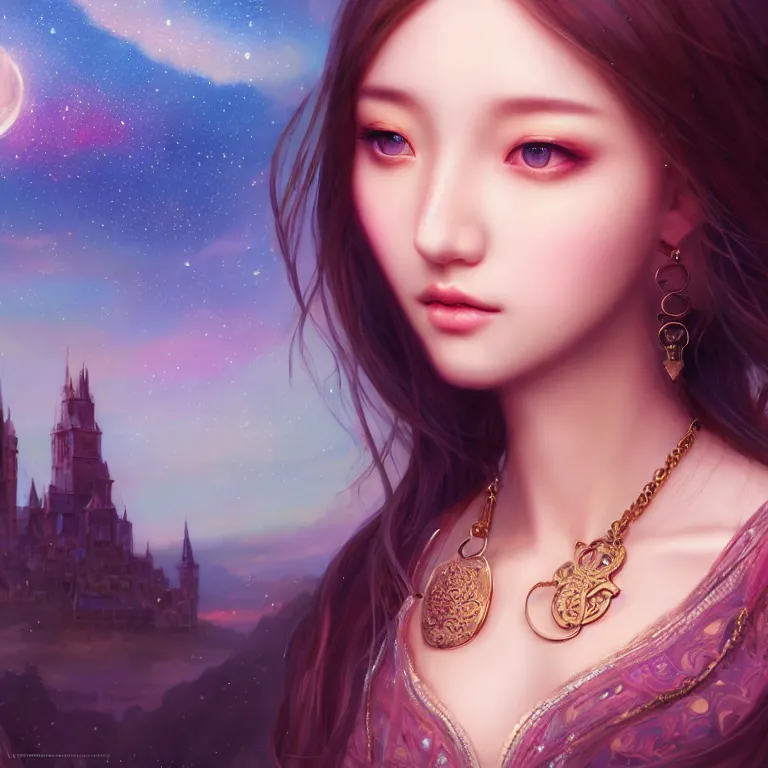 Prompt: masterpiece portrait charming and miracle female luxury astromancer boho accessories in dreamlike movie, kpop, high detailed face, art by artgerm, greg rutkowski, sasoura, satchely, cg animation, big major starry sky and city in background, uhd, medium long shot, fantasy, twlight, no distorsion, sharp focus,