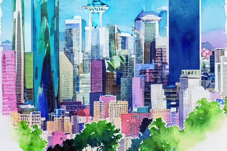 Prompt: !! watercolor!! seattle in a sunny day, artwork by tooth wu, colorful contrast,!!!! very coherent!!!!, dark shadow, thick lineart
