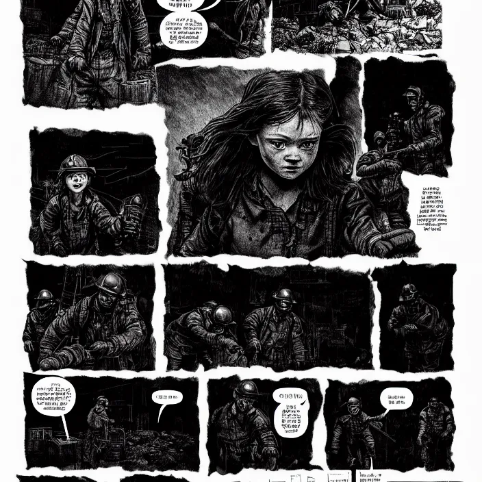 Image similar to sadie sink as a miner pushes a mine cart, emerges from the darkness. set in a dark coal mine. storyboard, scifi cyberpunk. by gabriel hardman, joe alves, chris bonura. cinematic atmosphere, detailed and intricate, perfect anatomy