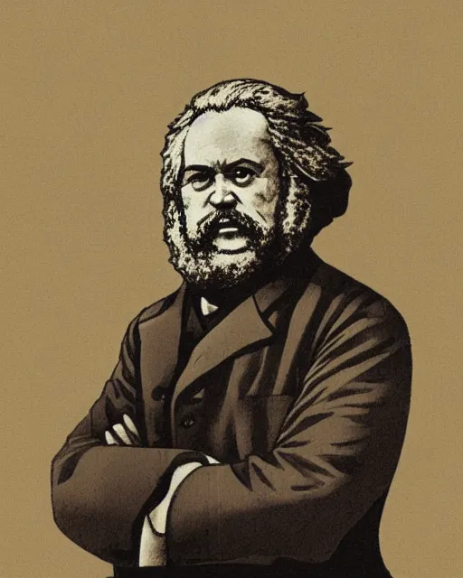 Prompt: Digital communist anime art of Karl Marx by A-1 studios, serious expression, empty warehouse background, highly detailed, spotlight