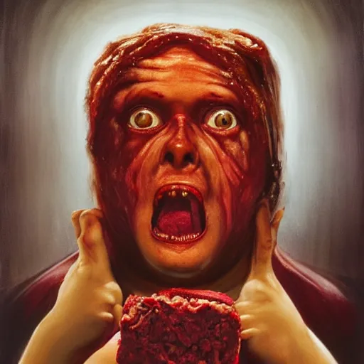 Image similar to big eyes wide open, horrific sentient meatloaf, holding meatloaf, sloppy, gross, meatloaf, hyper realistic, terrifying, disturbing, strange, bizarre, masterpiece, meatloaf is everywhere, ground beef bloody, liquid, 4 k, vivid colors, elegant, highly detailed, john park, frazetta, john howe, ruan jia, jeffrey catherine jones