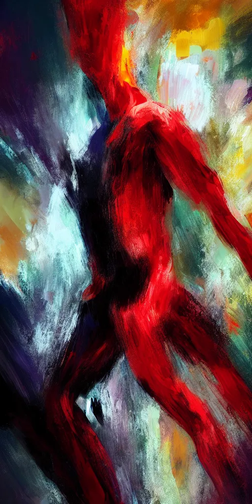 Prompt: closeup, very few thick long paint brush strokes, abstract outline, the physique of one!!! very thin athletic man posing dramatically, closeup, matte colors, dark abstract background, abstract painting trending on artstation