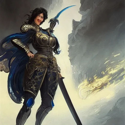 Image similar to woman dressed in plate armor with black hair and blue eyes wielding a greatsword, elegant, digital illustration, fire magic, detailed, intricate, sharp focus, digital painting, deep focus, digital painting, artstation, concept art, matte, art by artgerm and greg rutkowski and alphonse mucha