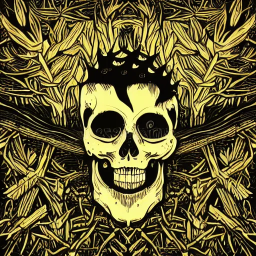 Image similar to dark death metal themed vector illustration for a record label, trees. forest, spikes, skull, microphone, skull, award winning, grunge, iconic, golden ratio