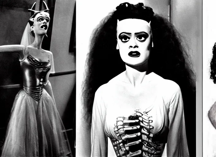 Image similar to instant photo, bride of frankenstein ( 1 9 3 5 ) as teen, still from the movie beetlejuice, cinematic, 1 9 7 0's movie still