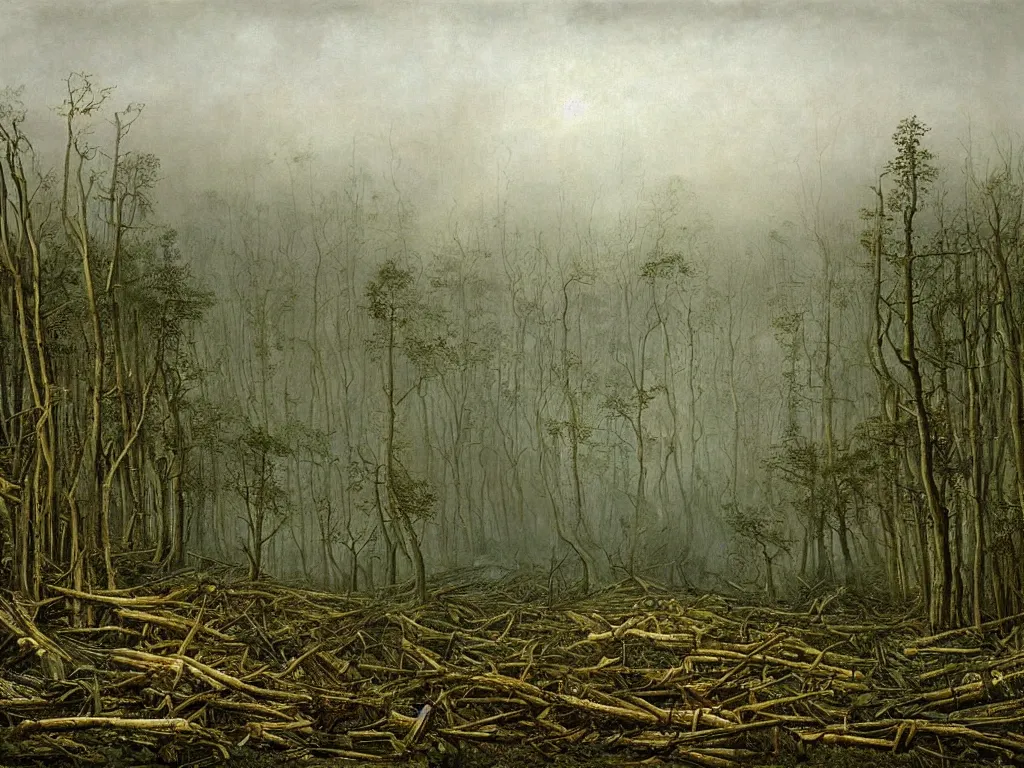 Prompt: Industrial machinery, toxic gasses, oil, fumes, factories are ravaging the land, forest, meadow, river. Painting by Caspar David Friedrich, Edward Burtynsky