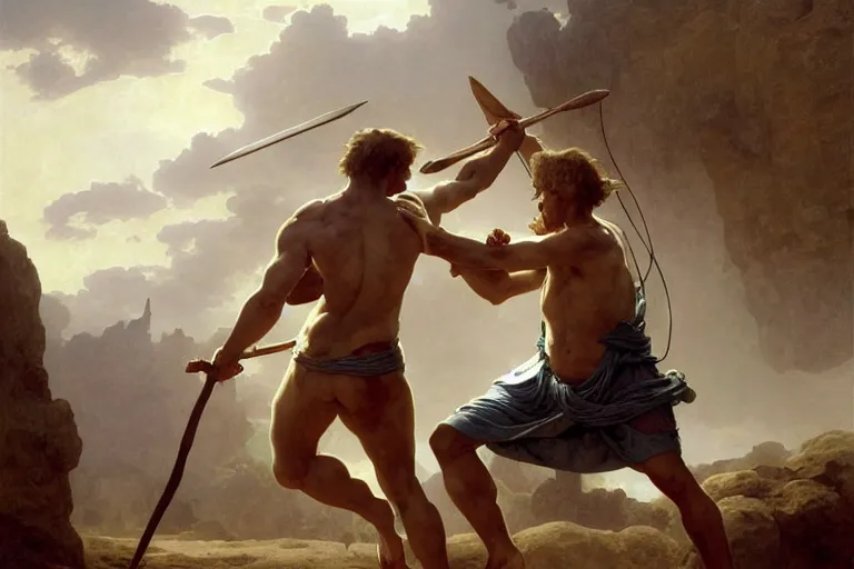 Image similar to ancient historically accurate depiction of the Bible duel bettween the shepherd boy david and Goliath of Gath, the Philistine warrior giant, by frank miller, illustration by Ruan Jia and Mandy Jurgens and William-Adolphe Bouguereau, Artgerm, 4k, digital art, surreal, space dandy style, highly detailed, godsend, artstation, digital painting, concept art, smooth, sharp focus, illustration by Ruan Jia and Mandy Jurgens and William-Adolphe Bouguereau, Artgerm