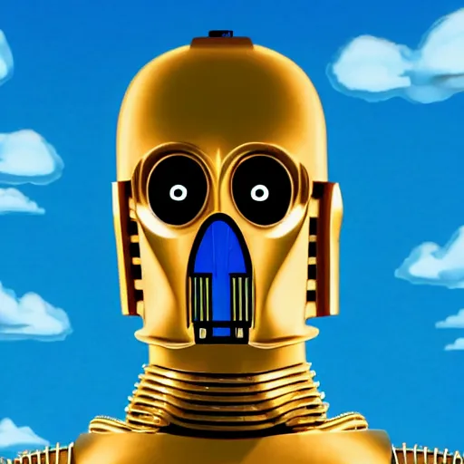 Image similar to entire body portrait of Simpson as C3PO in star wars, background blue sky puffy clouds cinematic 4k