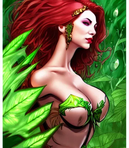 Image similar to hyper detailed comic illustration of a Elfpunk Poison Ivy ,tall, fair skin, curvaceous, gorgeous face, by artgerm, intricate details, low angle fish eye lens